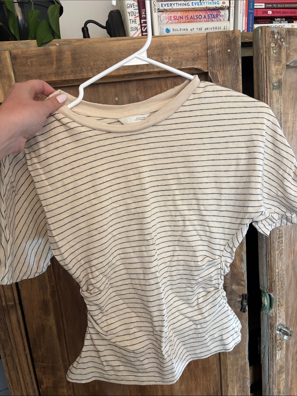 Zara Cream and Black Striped Short Sleeve Tee